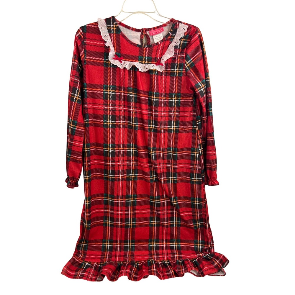 Saint Eve Plaid Nightgown L 10/12 Red Lace Collar Fleece Sleepwear Kids